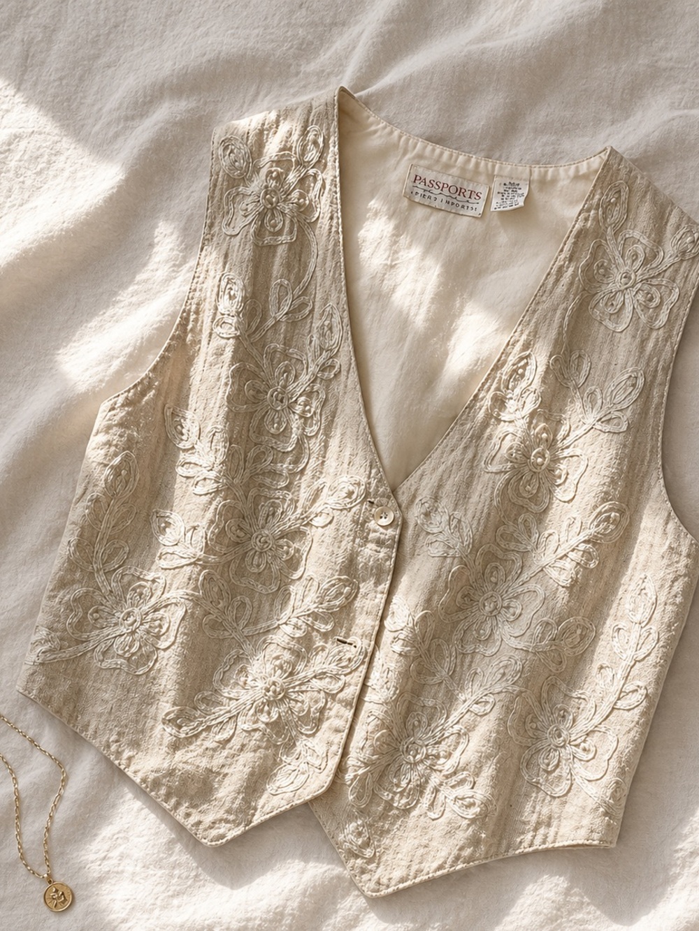 Vintage Linen Blend Embroidered Vest Cream Floral Pearl Beaded Tie Back Top L